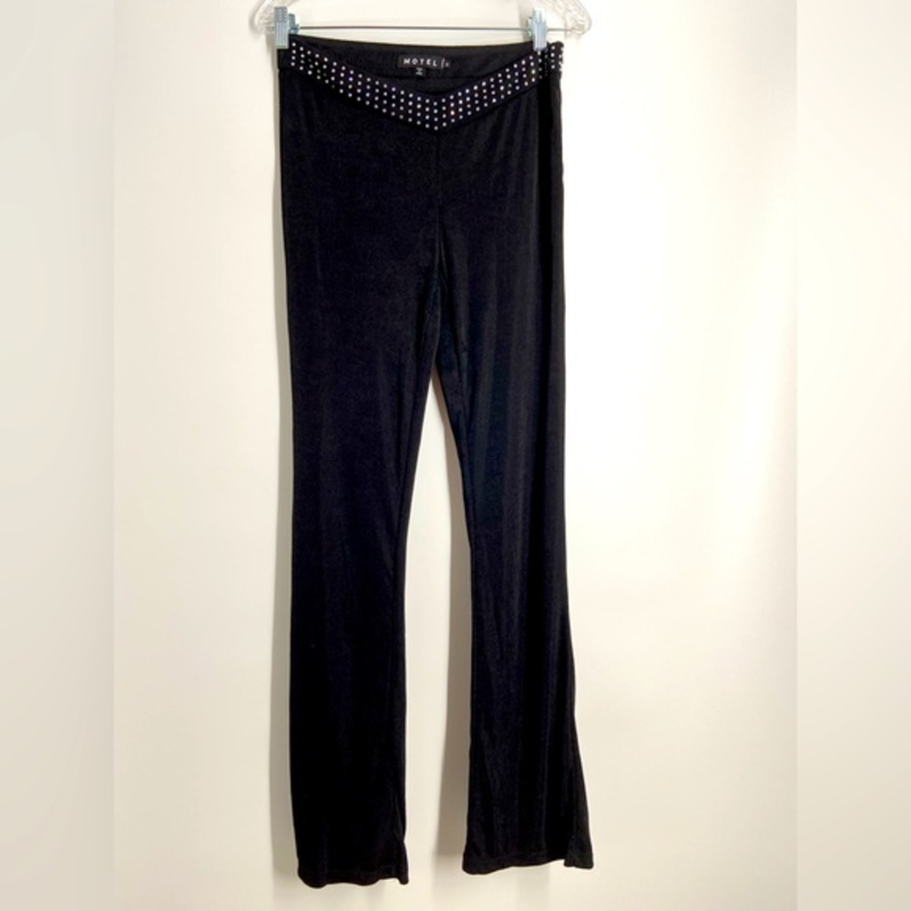 MotelTrousers, h-rise, rhinestone studded waistband, wide leg silhouette,‎ sz S